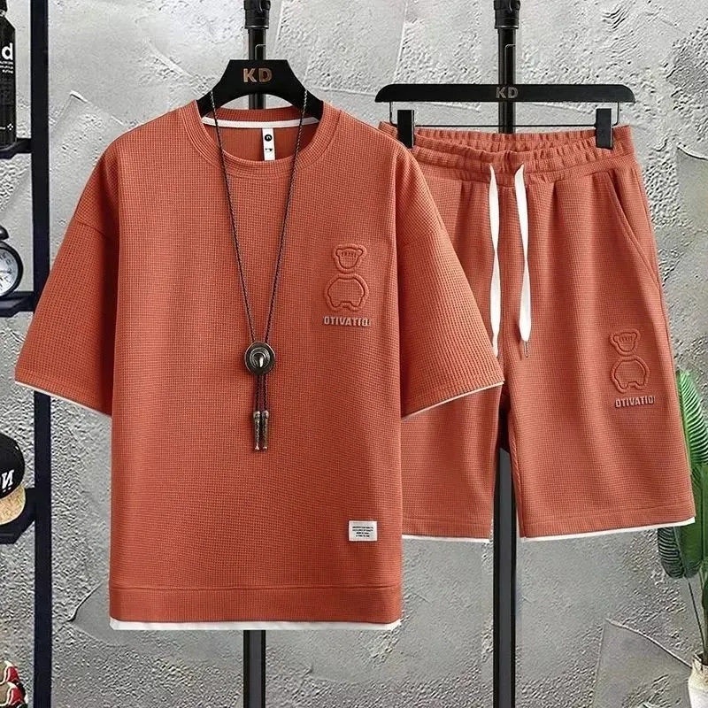 Bộ đồ，áo phông nam，Set Áo Thun Ngắn Tay + Quần short Ống Rộng Thời Trang Mùa Hè Dành Cho Nam，áo nam，áo sơ mi nam，đồ bộ nam，thời trang nam。quần đùi nam， quần short nam，quần đùi thể thao nam，