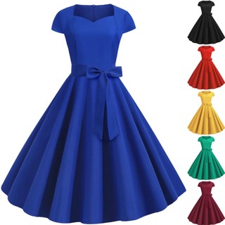 Đầm Midi Tay Ngắn Cổ Vuông Cột Dây Eo Màu Sắc Trơn Thời Trang Mùa Hè Cổ Điển Xinh Xắn Cho Nữ