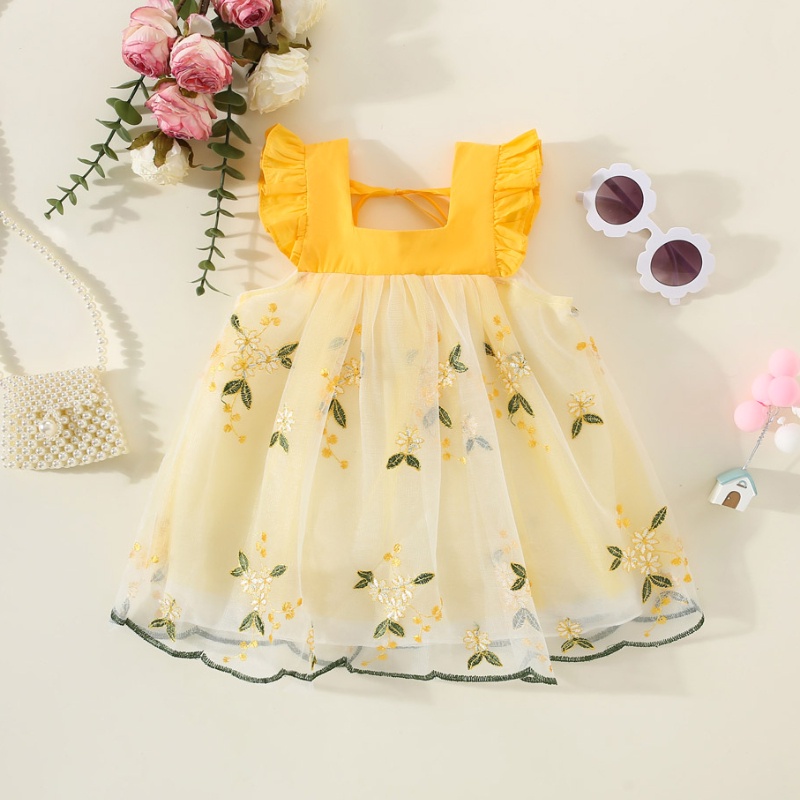 Đầm Phối Lưới Thêu Hoa Xinh Xắn Thời Trang Mùa Hè Cho Bé Gái