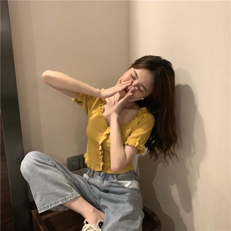 Áo croptop Dệt Kim Tay Ngắn Cổ Chữ V Dáng Ôm Thời Trang Mùa Hè Hàng Mới Dành Cho Bạn Nữ