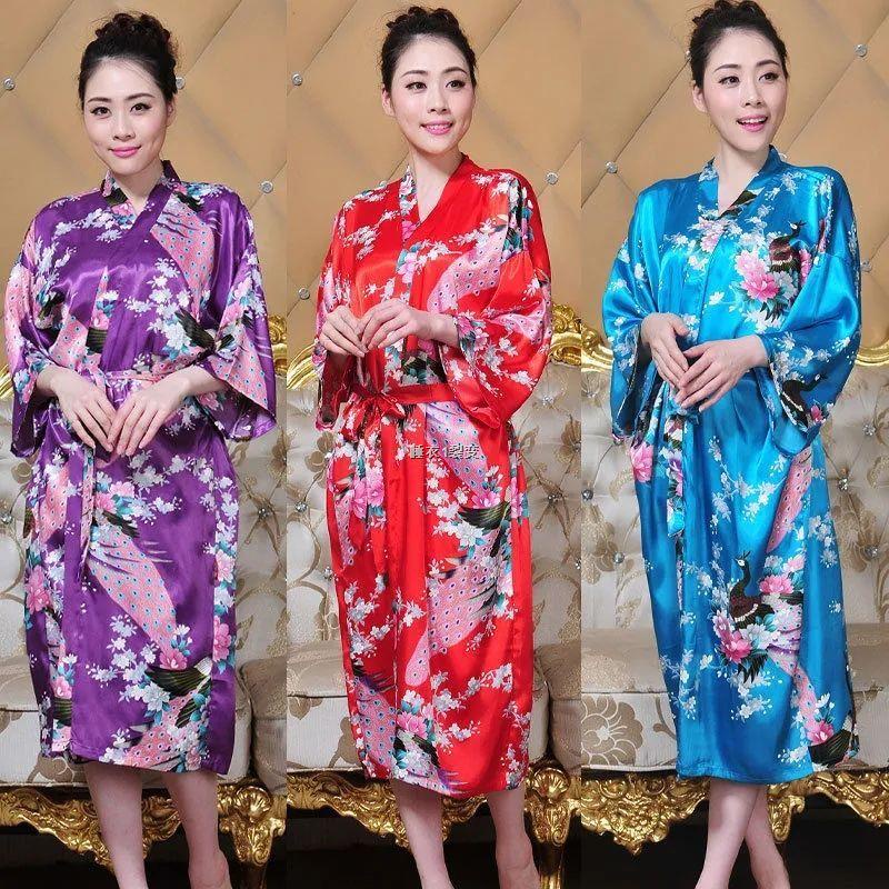 Đầm Ngủ Kimono Giả Lụa Dáng Rộng In Họa Tiết Chim Công Phong Cách Nhật Bản Thời Trang Mùa Hè Quyến Rũ Cho Nữ