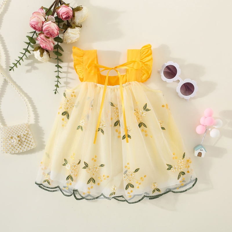 Đầm Phối Lưới Thêu Hoa Xinh Xắn Thời Trang Mùa Hè Cho Bé Gái