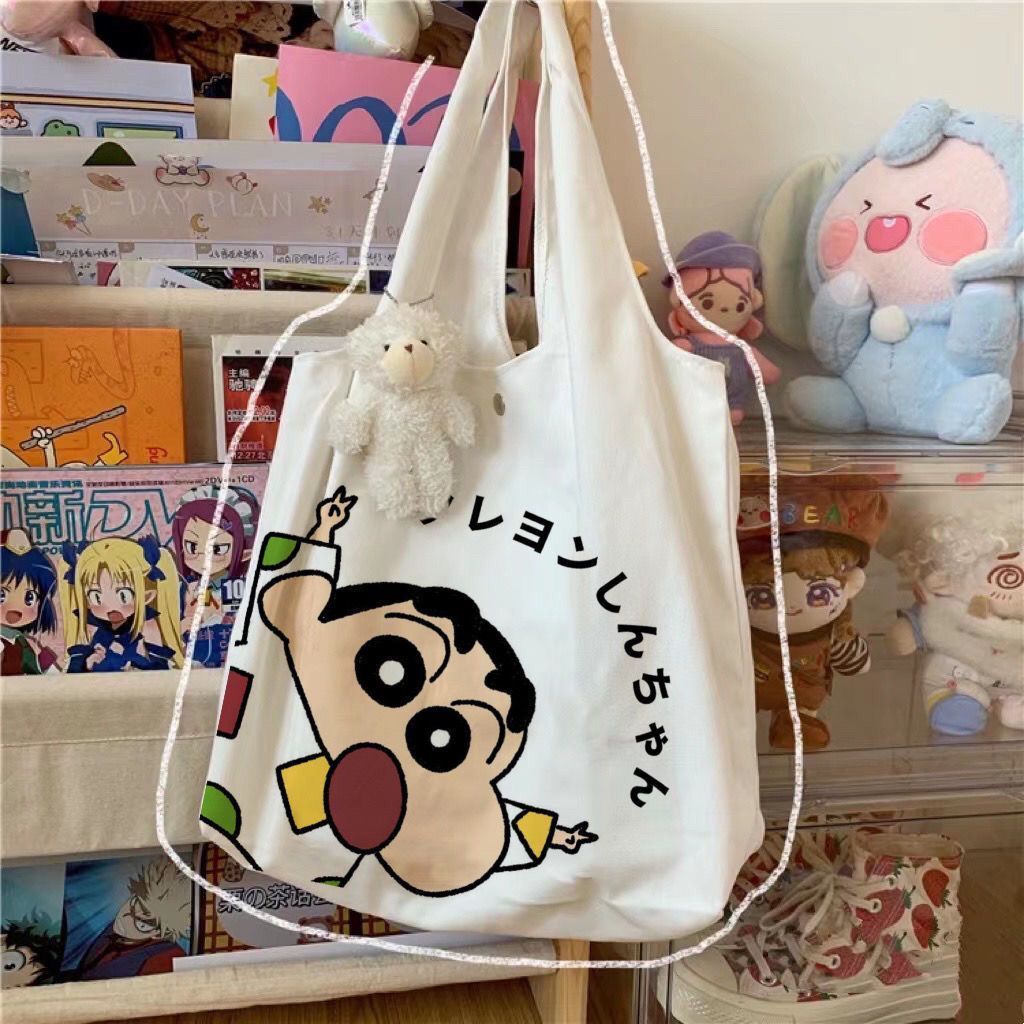 Túi Vải canvas Cầm Tay Cỡ Lớn In Hình Cậu Bé Bút Chì Shin Dễ Thương Phong Cách Hàn Quốc