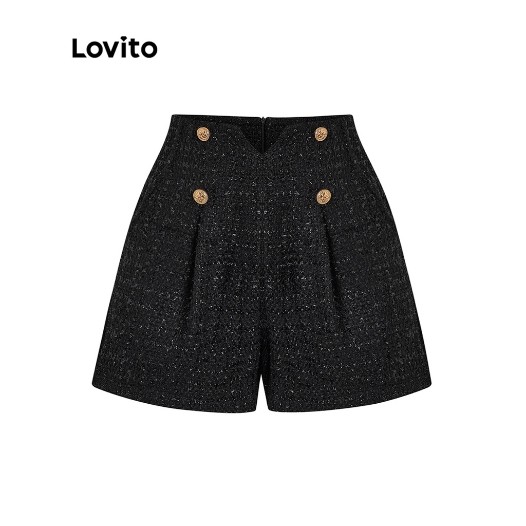 Quần short Lovito chất vải tuýt lưng cao phối nút giả trơn phối túi dây kéo cho nữ L45LD037 (màu đen)