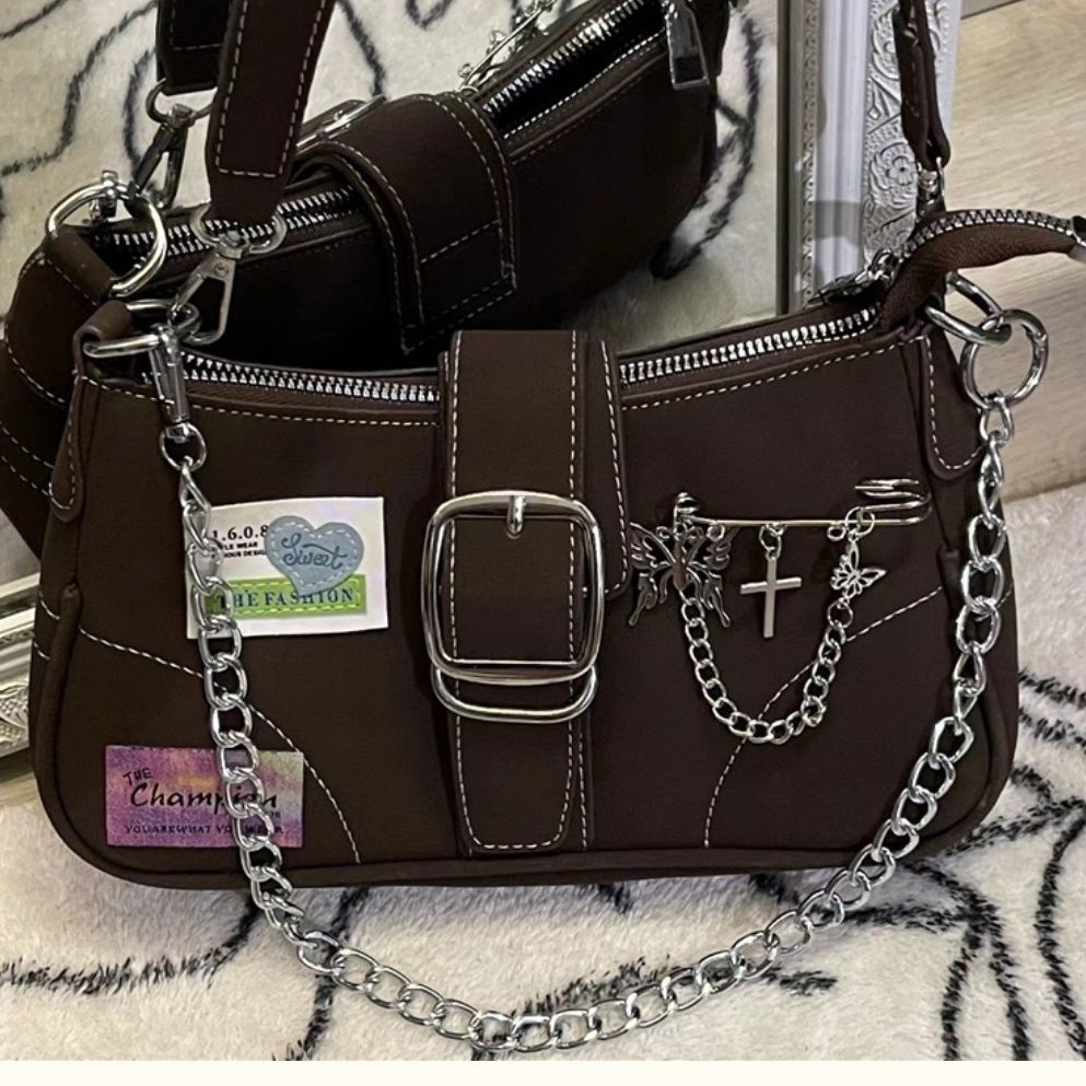 Niche Túi Xách Đeo Dưới Cánh Tay Phối Dây Xích Sắt Cá Tính Ngọt Ngào Cho Nữ Đi Xe Máy