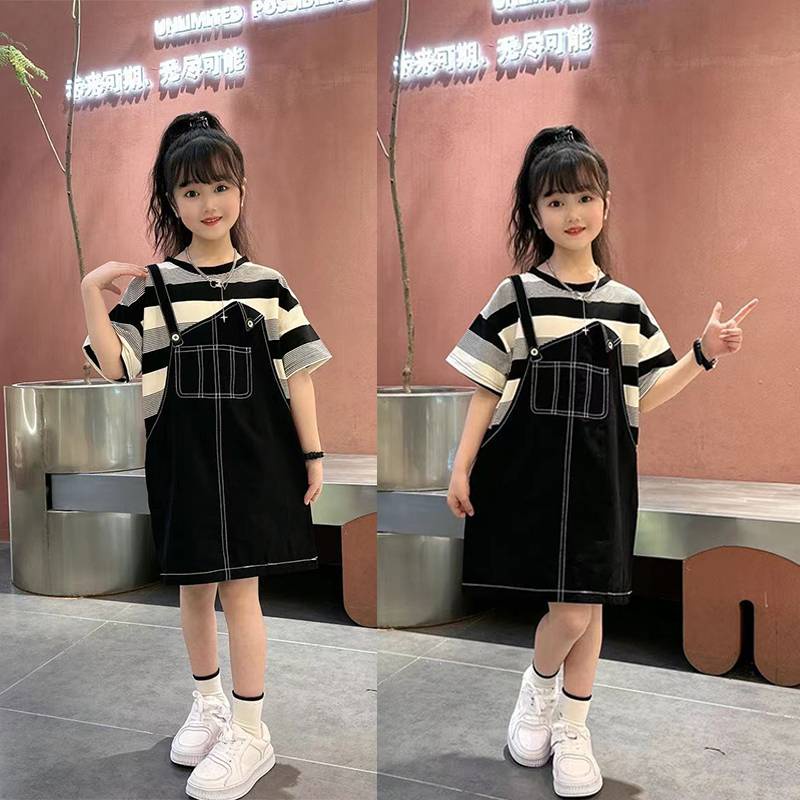 Đầm Ngắn Tay Giả Hai Mảnh Họa Tiết Kẻ Sọc Ngang Phong Cách Phương Tây Mẫu Mới 2023 Thời Trang Mùa Hè Dành Cho Bé Gái