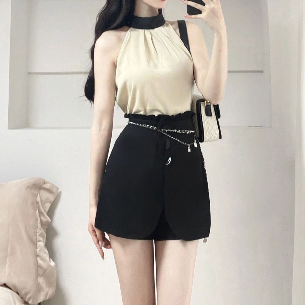 [Hàng Có Sẵn Giao Hàng Nhanh] Set Áo Cổ Yếm + Chân Váy Lưng Cao Phong Cách Mới 2023