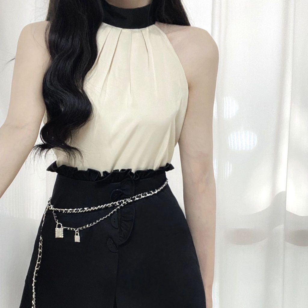 [Hàng Có Sẵn Giao Hàng Nhanh] Set Áo Cổ Yếm + Chân Váy Lưng Cao Phong Cách Mới 2023