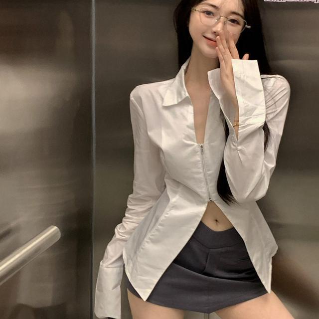 [Hàng Có Sẵn Giao Hàng Nhanh] Áo Sơ Mi Trắng Tay Dài Có Khóa Kéo Phong Cách Mới Mùa Thu Sang Trọng Cho Nữ