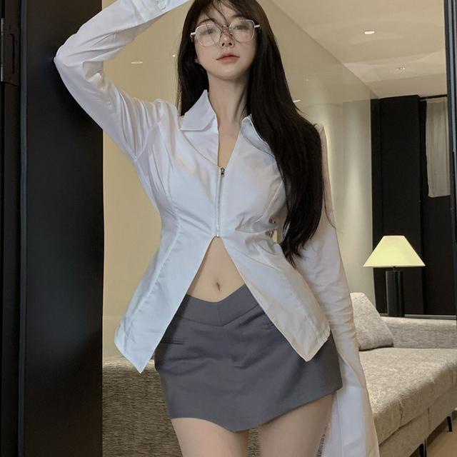 [Hàng Có Sẵn Giao Hàng Nhanh] Áo Sơ Mi Trắng Tay Dài Có Khóa Kéo Phong Cách Mới Mùa Thu Sang Trọng Cho Nữ