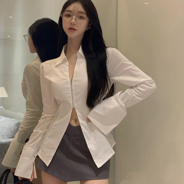 [Hàng Có Sẵn Giao Hàng Nhanh] Áo Sơ Mi Trắng Tay Dài Có Khóa Kéo Phong Cách Mới Mùa Thu Sang Trọng Cho Nữ