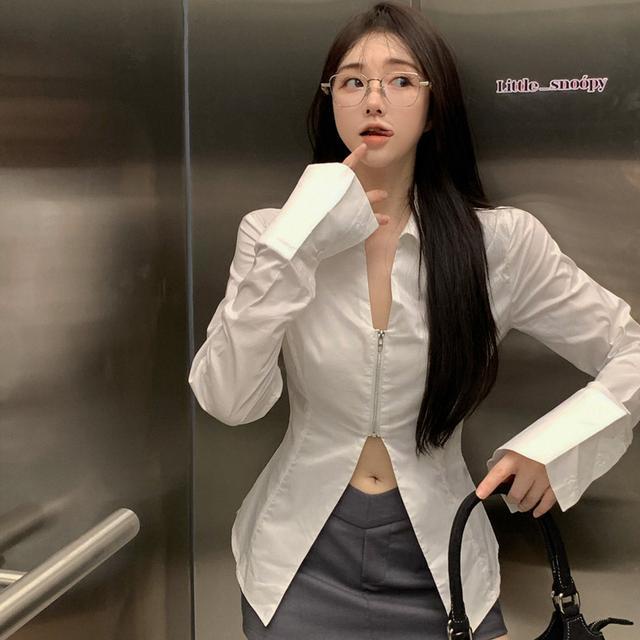 [Hàng Có Sẵn Giao Hàng Nhanh] Áo Sơ Mi Trắng Tay Dài Có Khóa Kéo Phong Cách Mới Mùa Thu Sang Trọng Cho Nữ