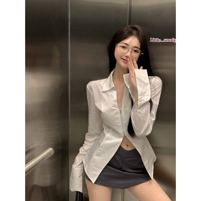 [Hàng Có Sẵn Giao Hàng Nhanh] Áo Sơ Mi Trắng Tay Dài Có Khóa Kéo Phong Cách Mới Mùa Thu Sang Trọng Cho Nữ