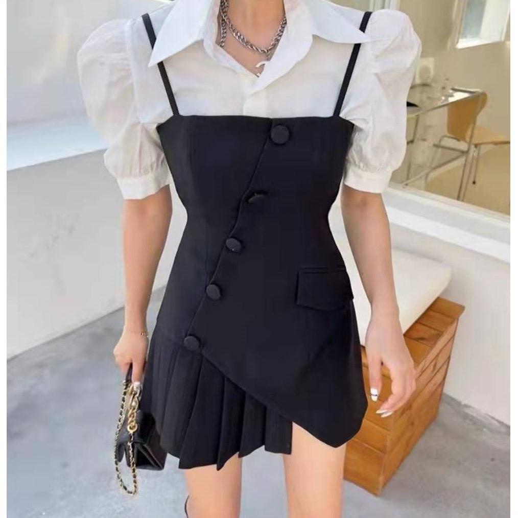 [Hàng Có Sẵn Giao Hàng Nhanh] Set Áo Sơ Mi Trắng Và Đầm Hai Dây Phong Cách Phương Tây Thời Trang Hàn Quốc Cho Nữ