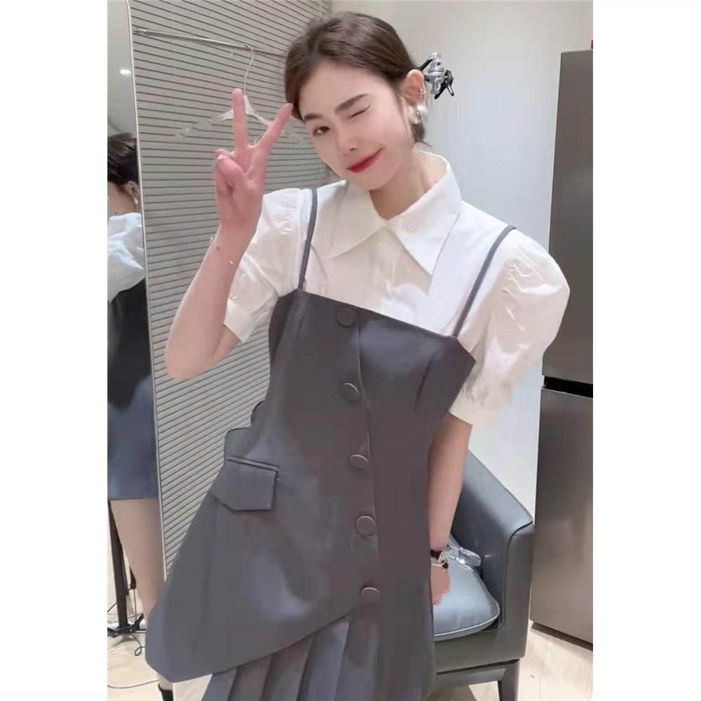 [Hàng Có Sẵn Giao Hàng Nhanh] Set Áo Sơ Mi Trắng Và Đầm Hai Dây Phong Cách Phương Tây Thời Trang Hàn Quốc Cho Nữ