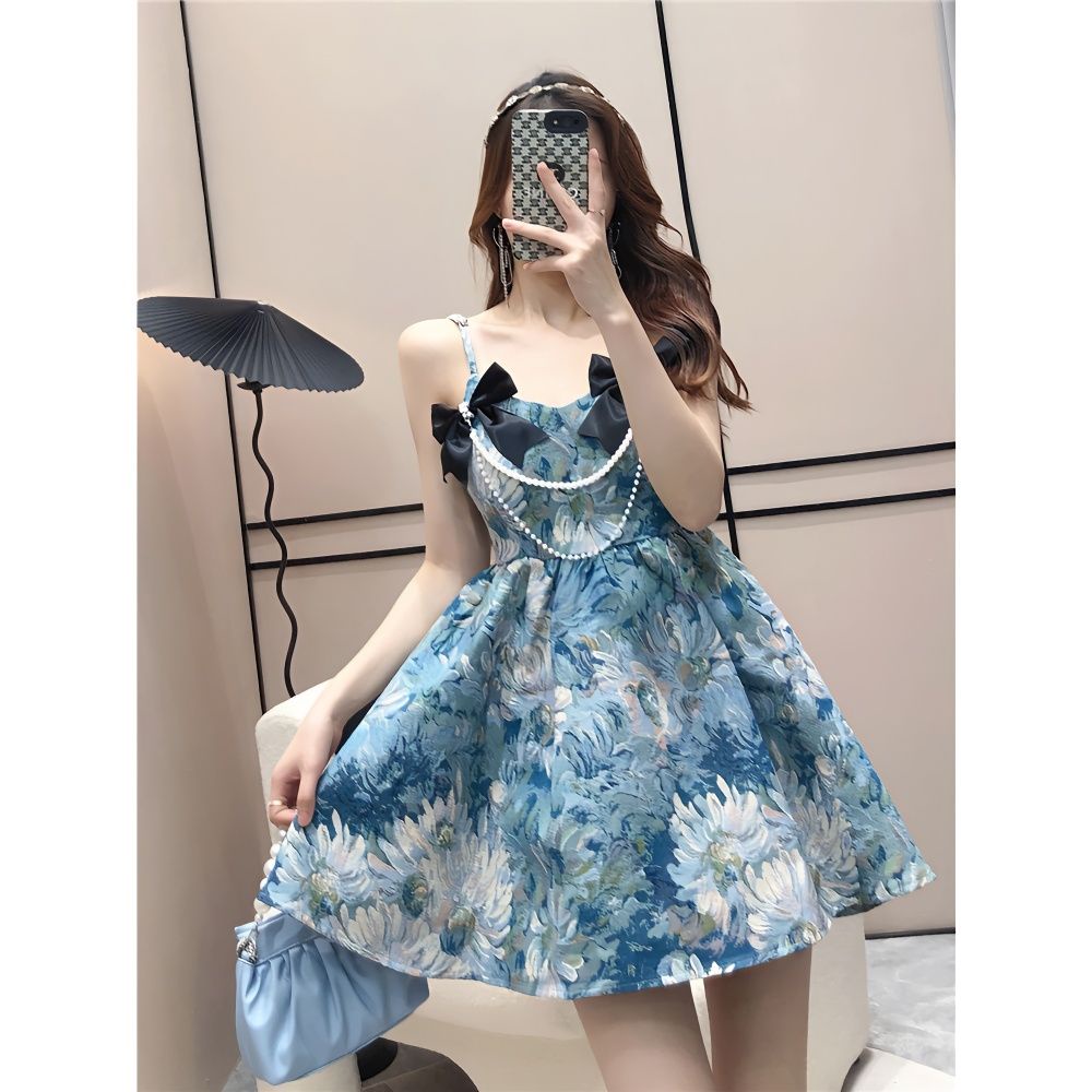 [Hàng Có Sẵn Giao Hàng Nhanh] Đầm Ngắn Hai Dây Thắt Nơ Phong Cách Pháp Thanh Lịch Thời Trang Mùa Hè Cho Nữ