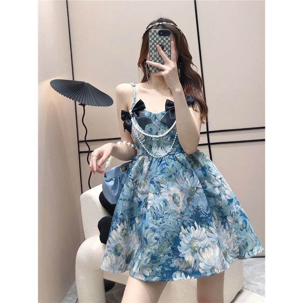 [Hàng Có Sẵn Giao Hàng Nhanh] Đầm Ngắn Hai Dây Thắt Nơ Phong Cách Pháp Thanh Lịch Thời Trang Mùa Hè Cho Nữ