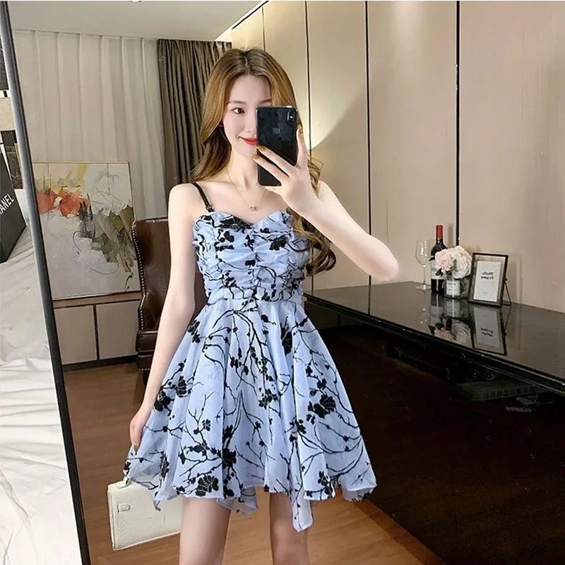 [Hàng Có Sẵn Giao Hàng Nhanh] Đầm Hai Dây Ôm Eo Cao Cấp Họa Tiết Hoa Phong Cách Ngọt Ngào Dịu Dàng Cho Nữ