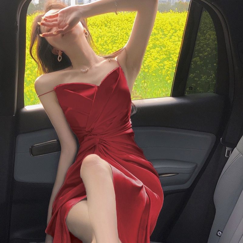 [Hàng Có Sẵn Giao Hàng Nhanh] Đầm Satin Hai Dây Thắt Dây Phong Cách Hepburn Phong Cách Mới 2023 Dáng Ôm Vừa Vặn Ni