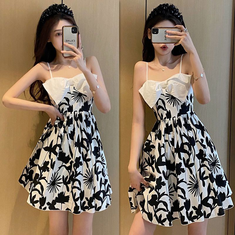 [Hàng Có Sẵn Giao Hàng Nhanh] Đầm Voan Hai Dây Dáng Ôm Eo Hẹp In Hoa Phong Cách Hàn Quốc Mùa Hè Dễ Phối Đồ Cho Nữ @ -