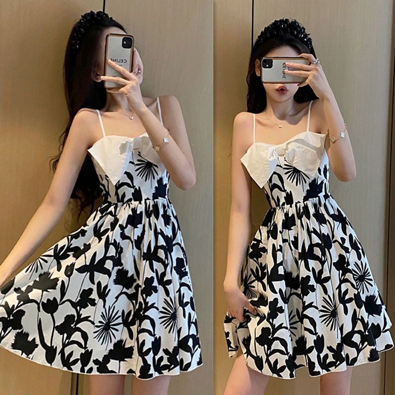 [Hàng Có Sẵn Giao Hàng Nhanh] Đầm Voan Hai Dây Dáng Ôm Eo Hẹp In Hoa Phong Cách Hàn Quốc Mùa Hè Dễ Phối Đồ Cho Nữ @ -