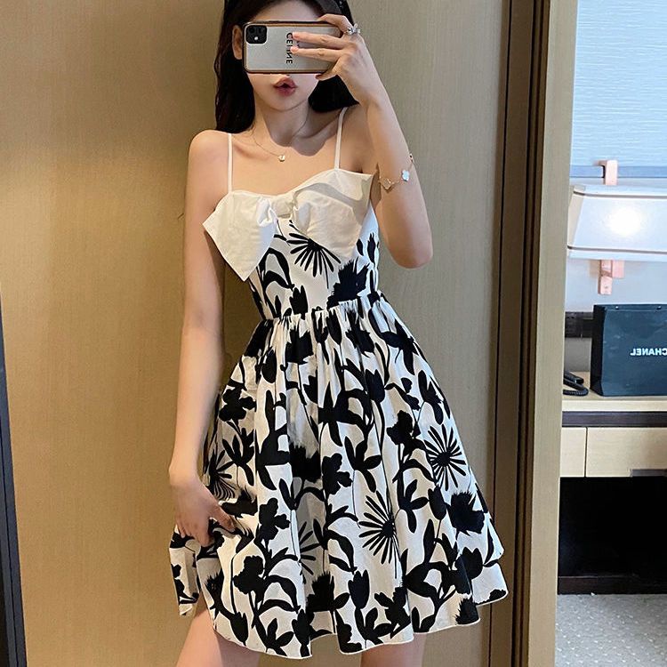 [Hàng Có Sẵn Giao Hàng Nhanh] Đầm Voan Hai Dây Dáng Ôm Eo Hẹp In Hoa Phong Cách Hàn Quốc Mùa Hè Dễ Phối Đồ Cho Nữ @ -