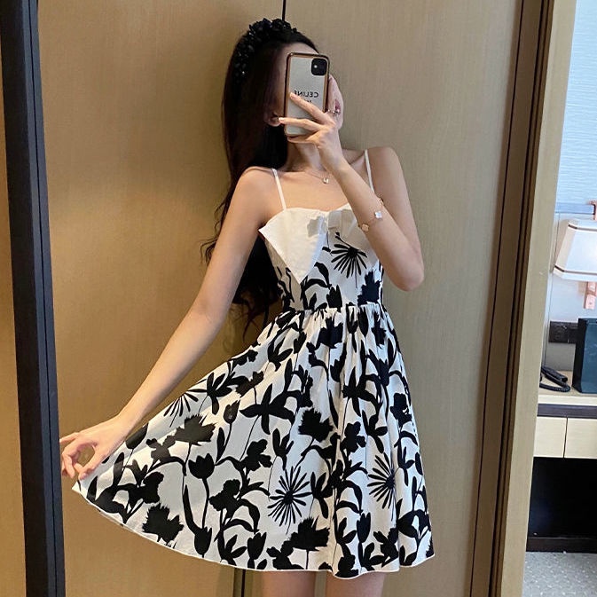 [Hàng Có Sẵn Giao Hàng Nhanh] Đầm Voan Hai Dây Dáng Ôm Eo Hẹp In Hoa Phong Cách Hàn Quốc Mùa Hè Dễ Phối Đồ Cho Nữ @ -