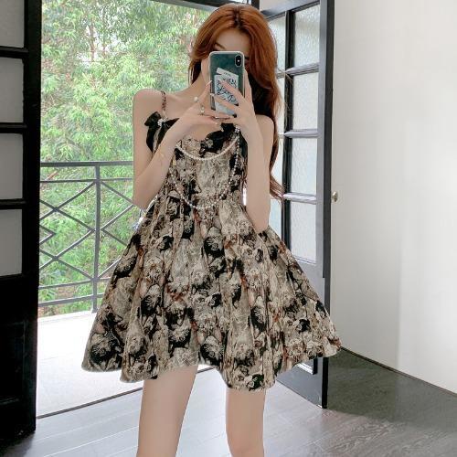 [Hàng Có Sẵn Giao Hàng Nhanh] Đầm Hai Dây Đính Nơ Họa Tiết Tranh Sơn Dầu Ngọt Ngào Phong Cách Pháp Thời Trang Mùa Hè 2023