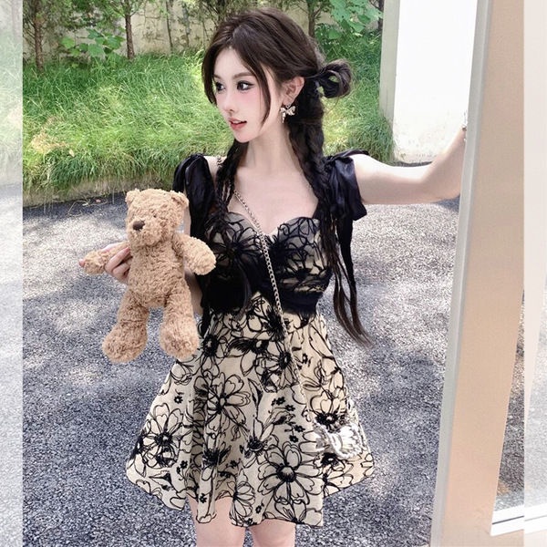 Đầm Hai Dây Phối Lưới In Họa Tiết Thời Trang Mùa Hè Quyến Rũ [Hàng Có Sẵn Giao Hàng Nhanh]