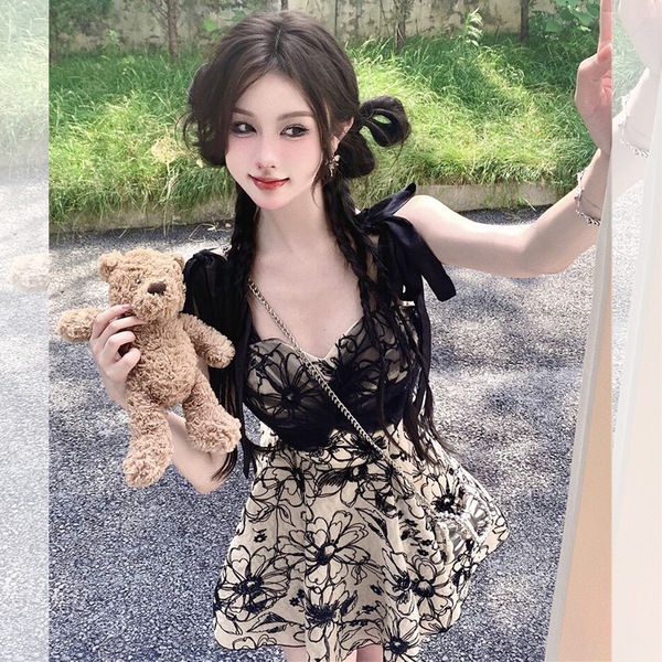 Đầm Hai Dây Phối Lưới In Họa Tiết Thời Trang Mùa Hè Quyến Rũ [Hàng Có Sẵn Giao Hàng Nhanh]