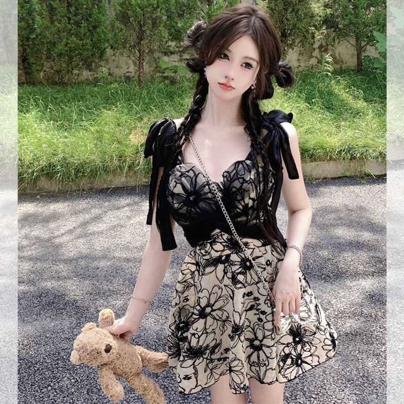 Đầm Hai Dây Phối Lưới In Họa Tiết Thời Trang Mùa Hè Quyến Rũ [Hàng Có Sẵn Giao Hàng Nhanh]