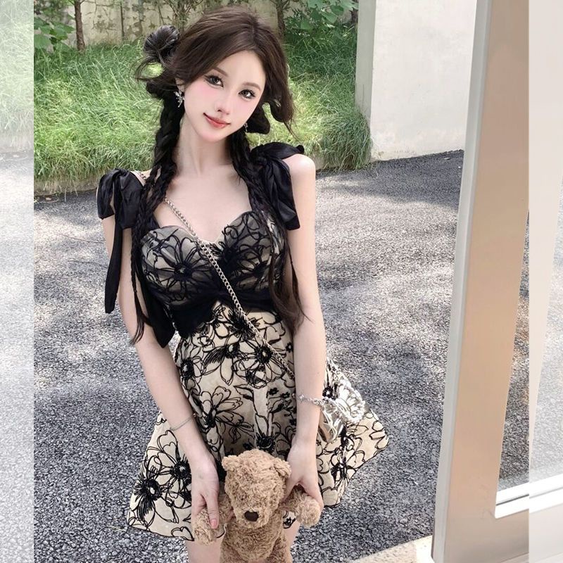 Đầm Hai Dây Phối Lưới In Họa Tiết Thời Trang Mùa Hè Quyến Rũ [Hàng Có Sẵn Giao Hàng Nhanh]