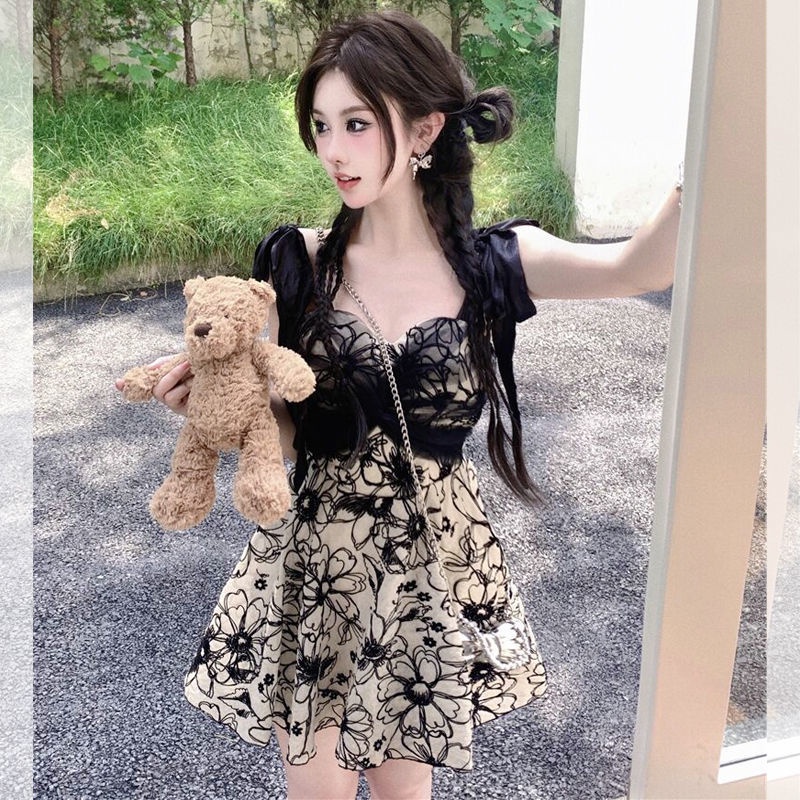 Đầm Hai Dây Phối Lưới In Họa Tiết Thời Trang Mùa Hè Quyến Rũ [Hàng Có Sẵn Giao Hàng Nhanh]