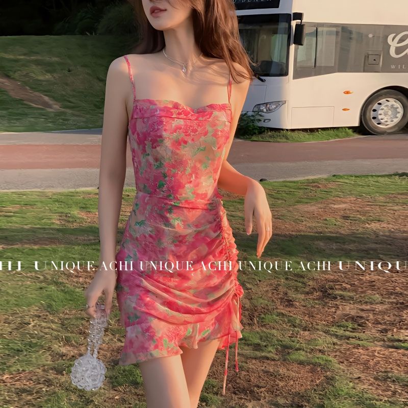[Hàng Có Sẵn Giao Hàng Nhanh] Đầm Voan Hai Dây Ngắn Ôm Eo Họa Tiết Hoa Tok Burst 2023