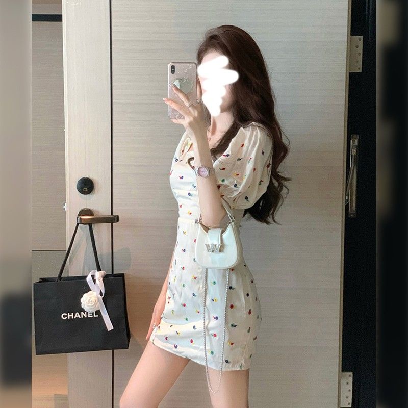 [Hàng Có Sẵn Giao Hàng Nhanh] Đầm Hoa Tay Phồng Cổ Vuông Ôm Eo Phong Cách Pháp Thời Trang Mùa Hè 2023 Mới Cho Nữ