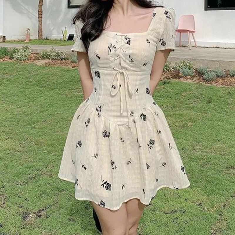 [Hàng Có Sẵn Giao Hàng Nhanh] Đầm Chữ a Ngắn Tay Cổ Vuông Buộc Dây Eo Màu Trơn Phong Cách Desire Mùa Hè Nóng Bỏng Cho Nữ