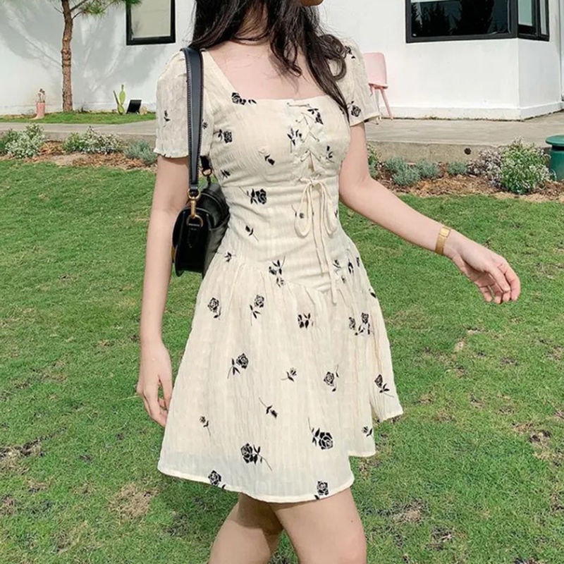 [Hàng Có Sẵn Giao Hàng Nhanh] Đầm Chữ a Ngắn Tay Cổ Vuông Buộc Dây Eo Màu Trơn Phong Cách Desire Mùa Hè Nóng Bỏng Cho Nữ