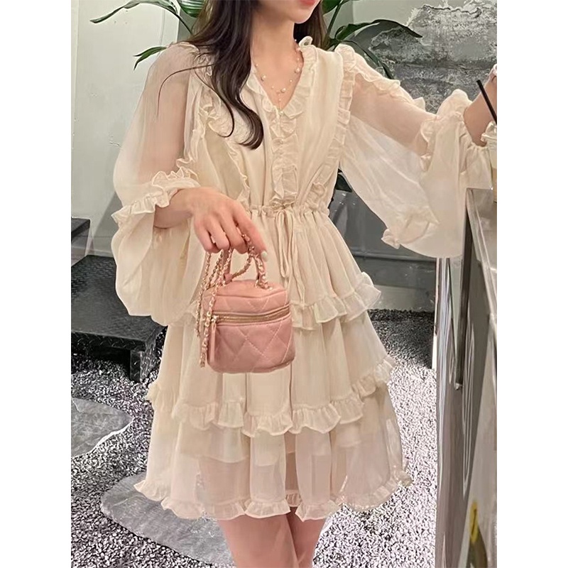 [Hàng Có Sẵn Giao Hàng Nhanh] Đầm Phối Bèo Phong Cách Pháp 2023 Thiết Kế Sang Trọng Cao Cấp Cho Nữ