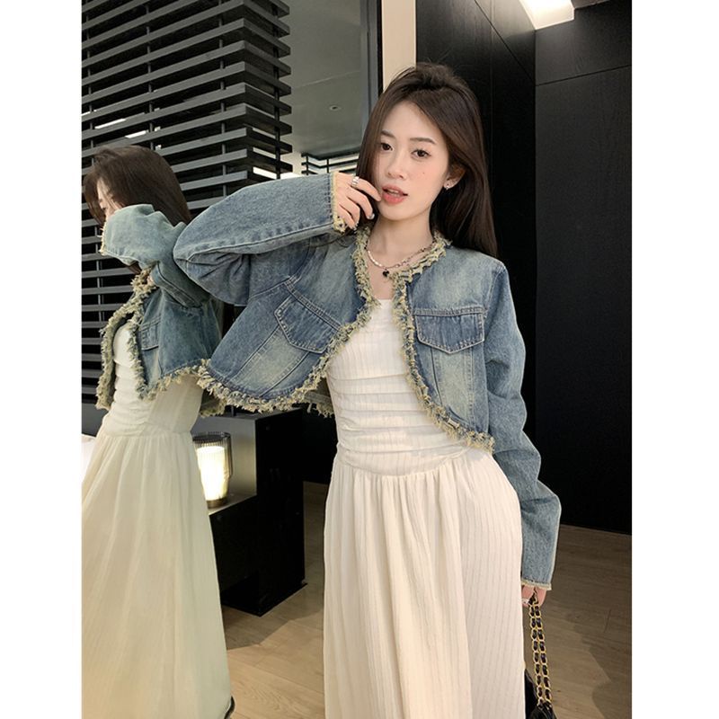 [Hàng Có Sẵn Giao Hàng Nhanh] Set Đầm Và Áo Khoác Denim Màu Trắng Phối Sờn Phong Cách Retro Cá Tính Ngọt Ngào Cho Nữ