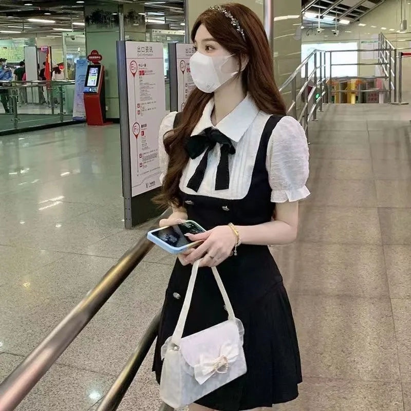 [Hàng Có Sẵn Giao Hàng Nhanh] Yujie Bộ Đồng Phục Hai Mảnh Đầm Dây Giả Hai Mảnh Phong Cách Hepburn Preppy Pháp Cao Cấp Mùa Hè Cho Nữ