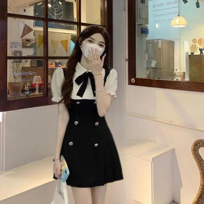 [Hàng Có Sẵn Giao Hàng Nhanh] Yujie Bộ Đồng Phục Hai Mảnh Đầm Dây Giả Hai Mảnh Phong Cách Hepburn Preppy Pháp Cao Cấp Mùa Hè Cho Nữ