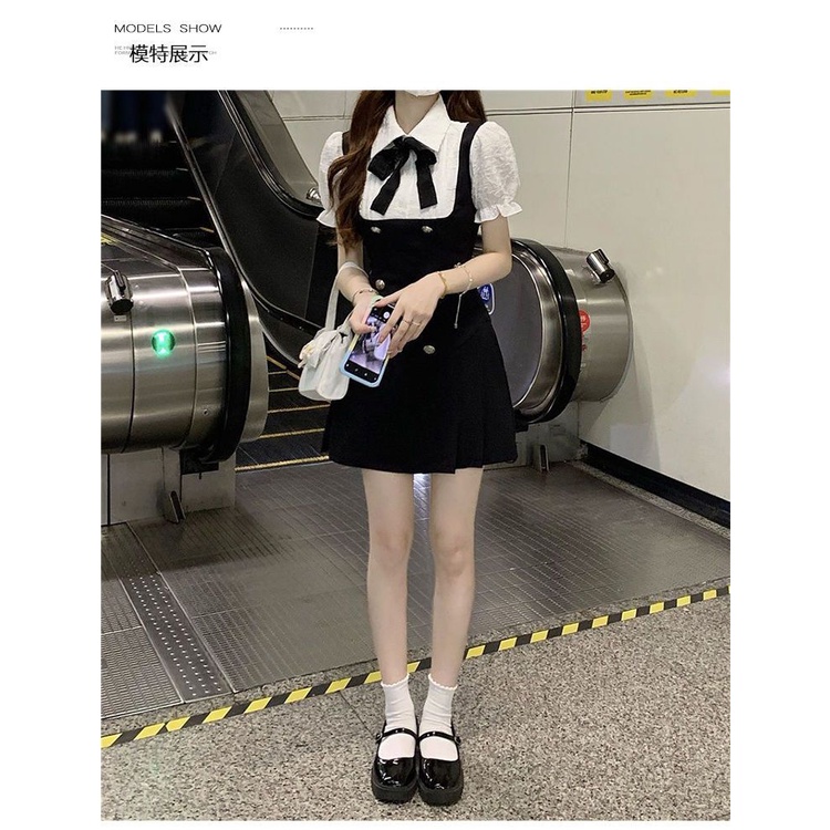 [Hàng Có Sẵn Giao Hàng Nhanh] Yujie Bộ Đồng Phục Hai Mảnh Đầm Dây Giả Hai Mảnh Phong Cách Hepburn Preppy Pháp Cao Cấp Mùa Hè Cho Nữ