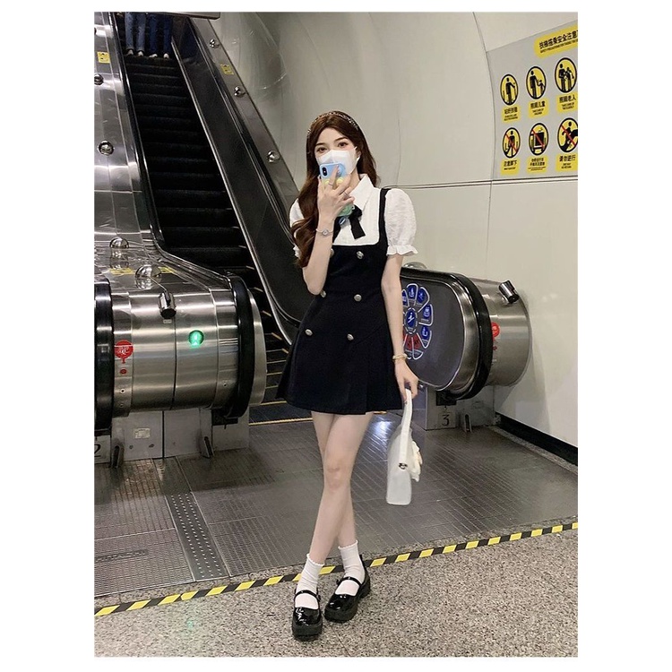 [Hàng Có Sẵn Giao Hàng Nhanh] Yujie Bộ Đồng Phục Hai Mảnh Đầm Dây Giả Hai Mảnh Phong Cách Hepburn Preppy Pháp Cao Cấp Mùa Hè Cho Nữ