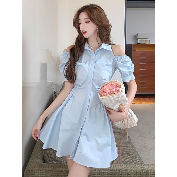 [Hàng Có Sẵn Giao Hàng Nhanh] Đầm Sơ Mi Ngắn Hở Vai Tay Phồng Ôm Eo Quyến Rũ Mùa Hè Hong Kong
