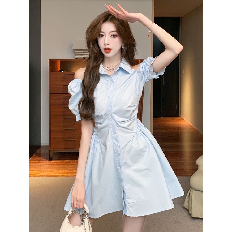 [Hàng Có Sẵn Giao Hàng Nhanh] Đầm Sơ Mi Ngắn Hở Vai Tay Phồng Ôm Eo Quyến Rũ Mùa Hè Hong Kong