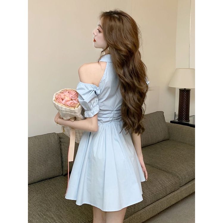 [Hàng Có Sẵn Giao Hàng Nhanh] Đầm Sơ Mi Ngắn Hở Vai Tay Phồng Ôm Eo Quyến Rũ Mùa Hè Hong Kong