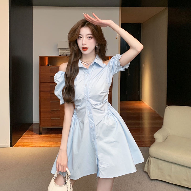 [Hàng Có Sẵn Giao Hàng Nhanh] Đầm Sơ Mi Ngắn Hở Vai Tay Phồng Ôm Eo Quyến Rũ Mùa Hè Hong Kong