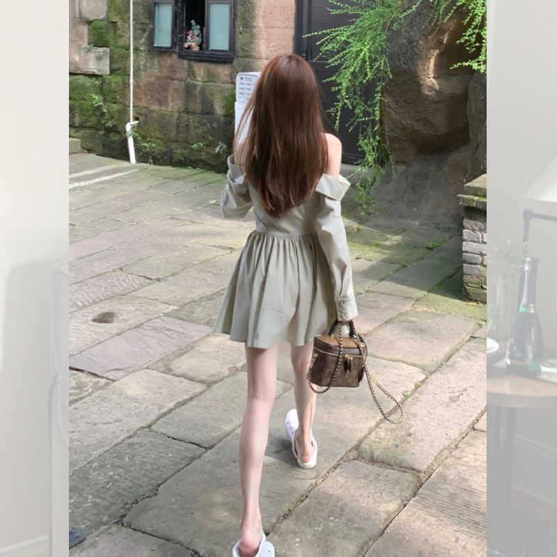 [Hàng Có Sẵn Giao Hàng Nhanh] Đầm Sơ Mi Hở Vai Eo Hẹp Màu Xanh Lá Kiểu Pháp Cao Cấp Thiết Kế Mùa Thu Nhẹ Nhàng Niche