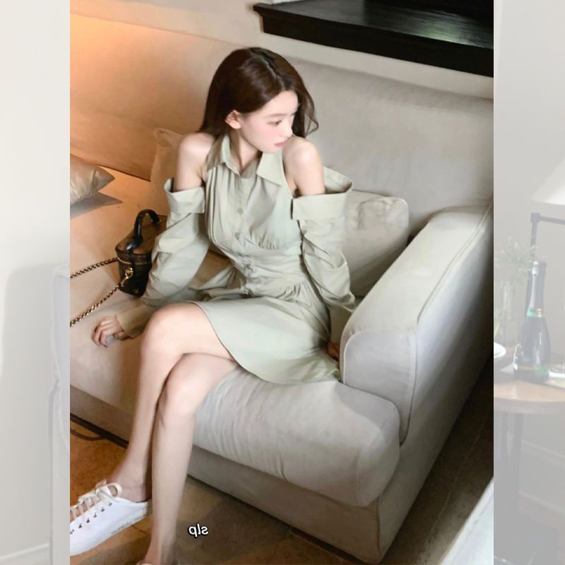 [Hàng Có Sẵn Giao Hàng Nhanh] Đầm Sơ Mi Hở Vai Eo Hẹp Màu Xanh Lá Kiểu Pháp Cao Cấp Thiết Kế Mùa Thu Nhẹ Nhàng Niche
