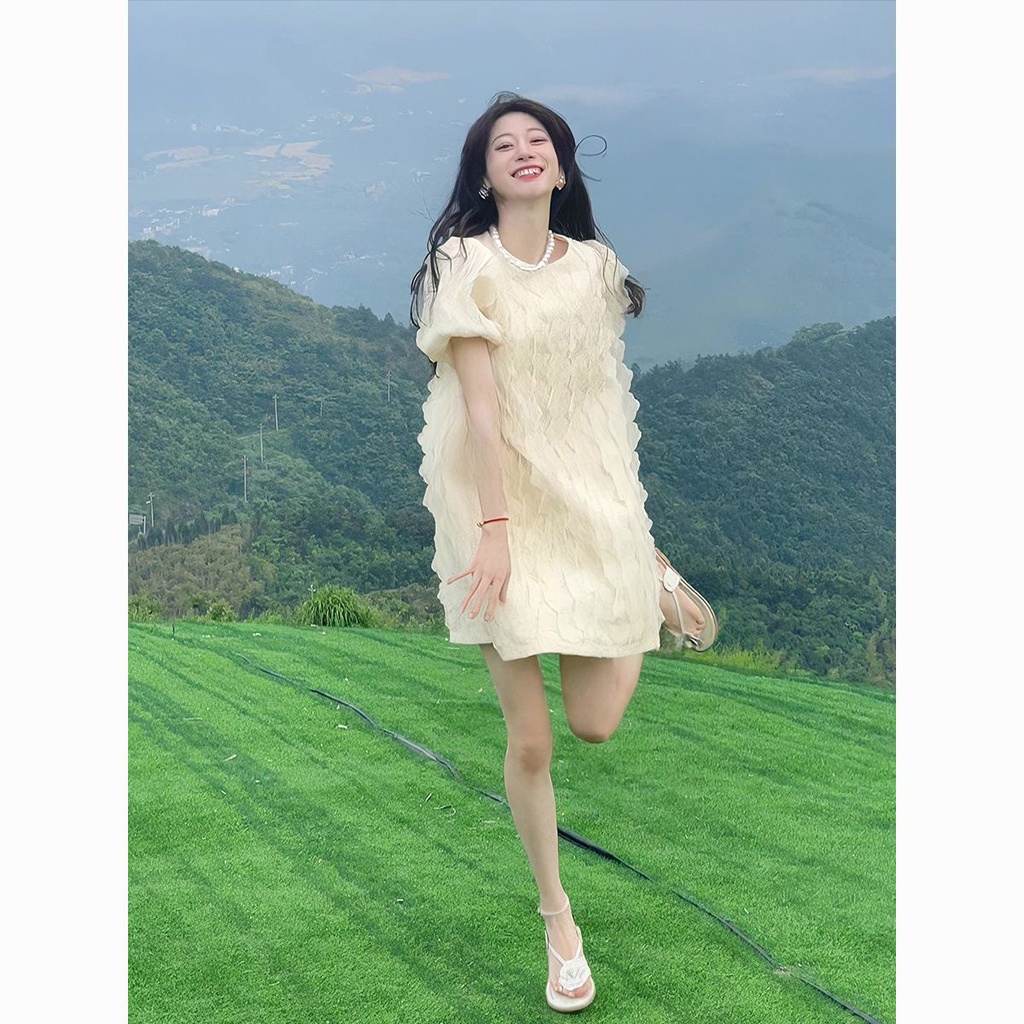 Đầm Tay Phồng Cổ Tròn Ba Chiều Phong Cách Hàn Quốc Thời Trang Mùa Hè Ngọt Ngào